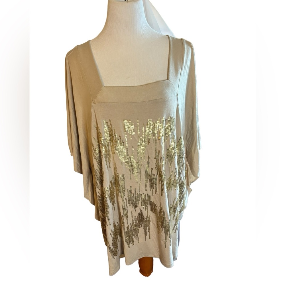 Dana Buchman Women’s Tan With Gold Sequin Accent Butterfly Sleeve Top - 3X (NWT)